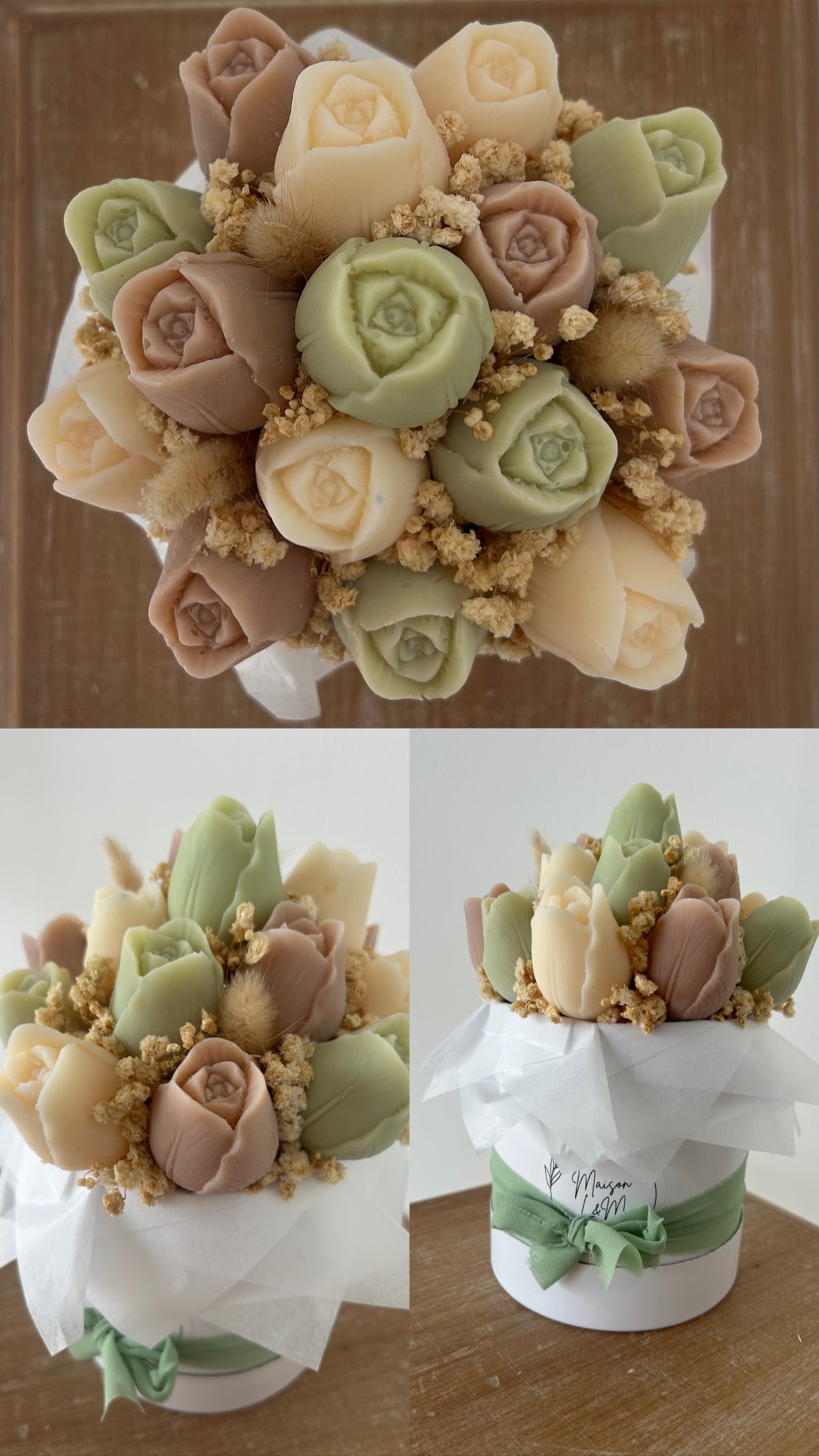 Bouquet floral sable, vert et blanc