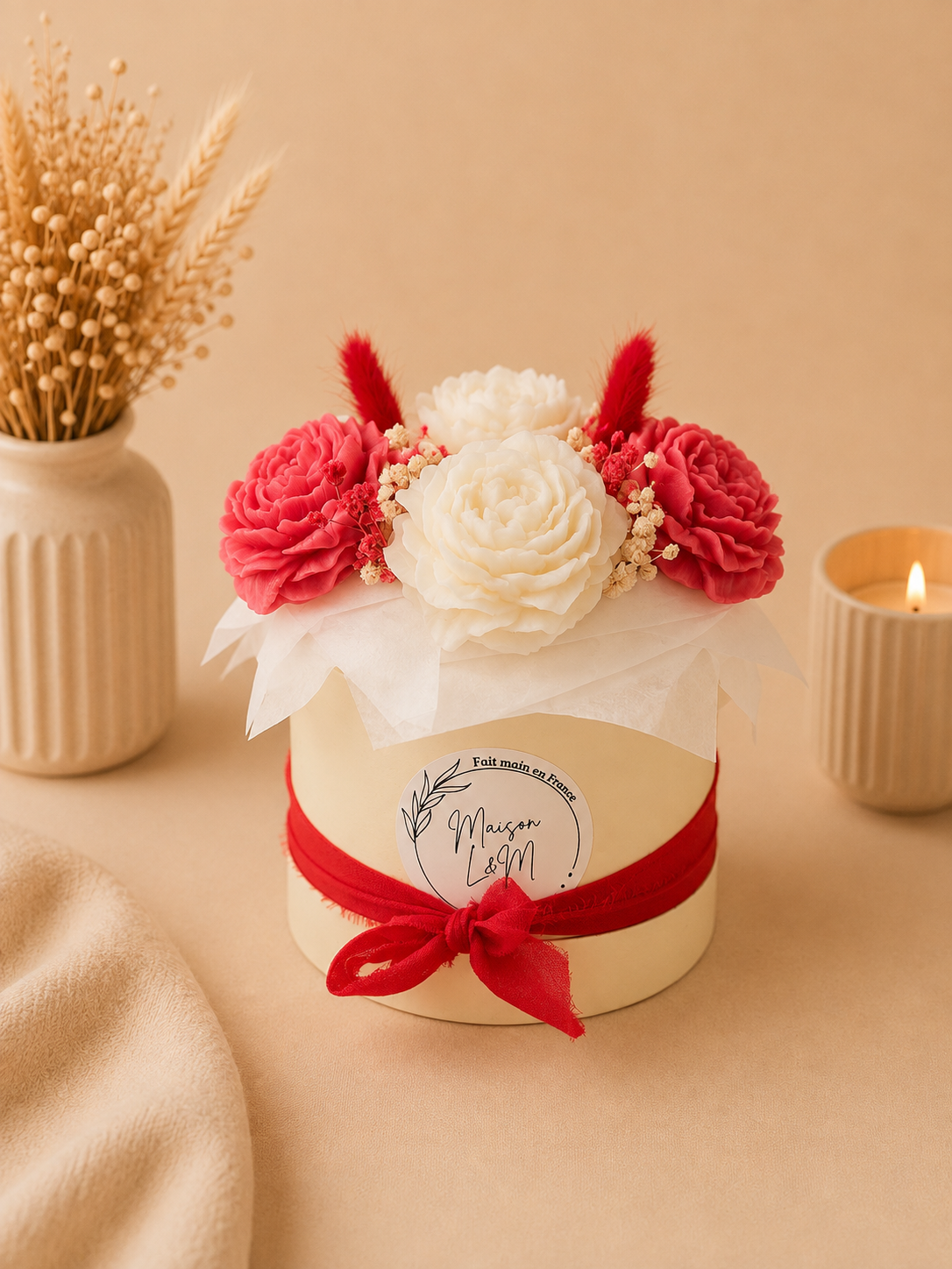 Bouquet floral blanc et rouge cerise